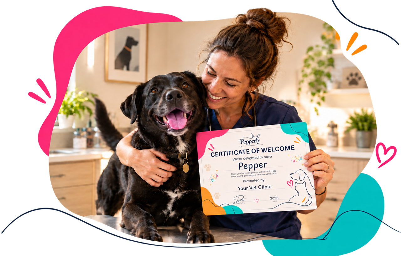 Veterinarian welcoming a dog with a Pepperly certificate