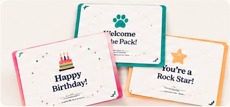 Pepperly welcome, birthday, and achievement certificates