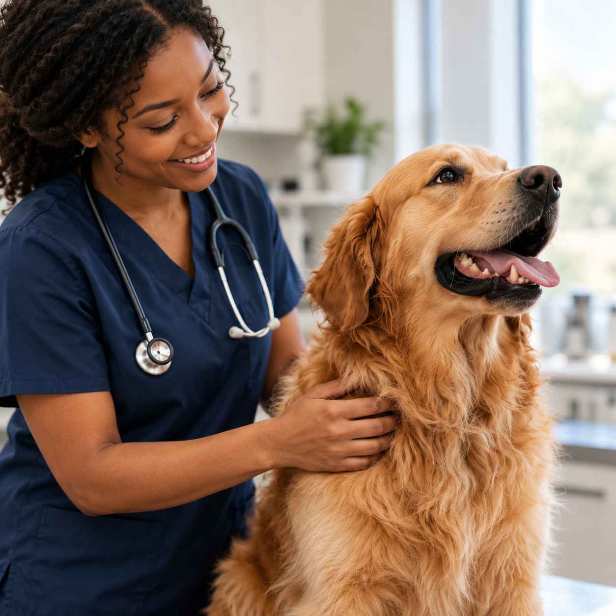 Black woman veterinarian in navy scrubs caring for a golden retriever